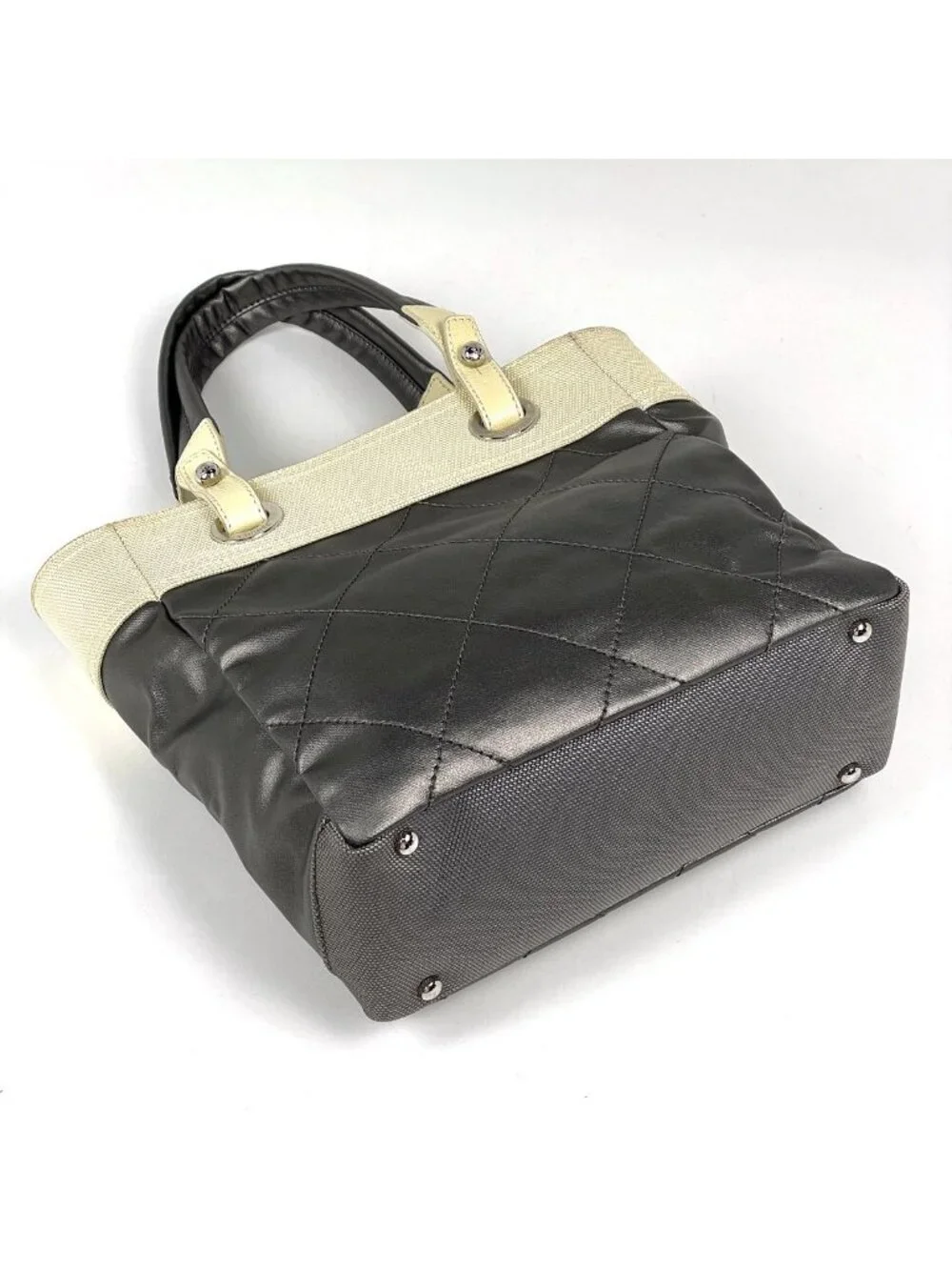 Chanel Tote Bag Paris Biarritz PM CC Logo Handle Gray Ivory